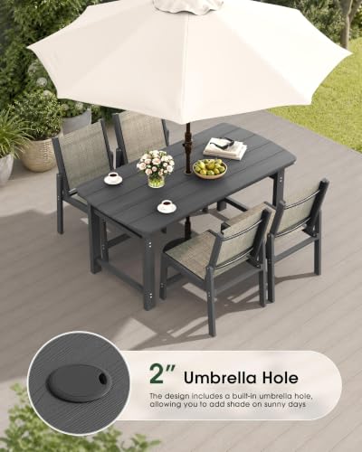 Image of HDPE Outdoor Patio Dining Set with Table & 4 Stackable Armless Textilene Chairs, All-Weather 5-Piece Patio Furniture Set with Umbrella Hole for Lawn & Garden, Poolside, Backyard | Grey