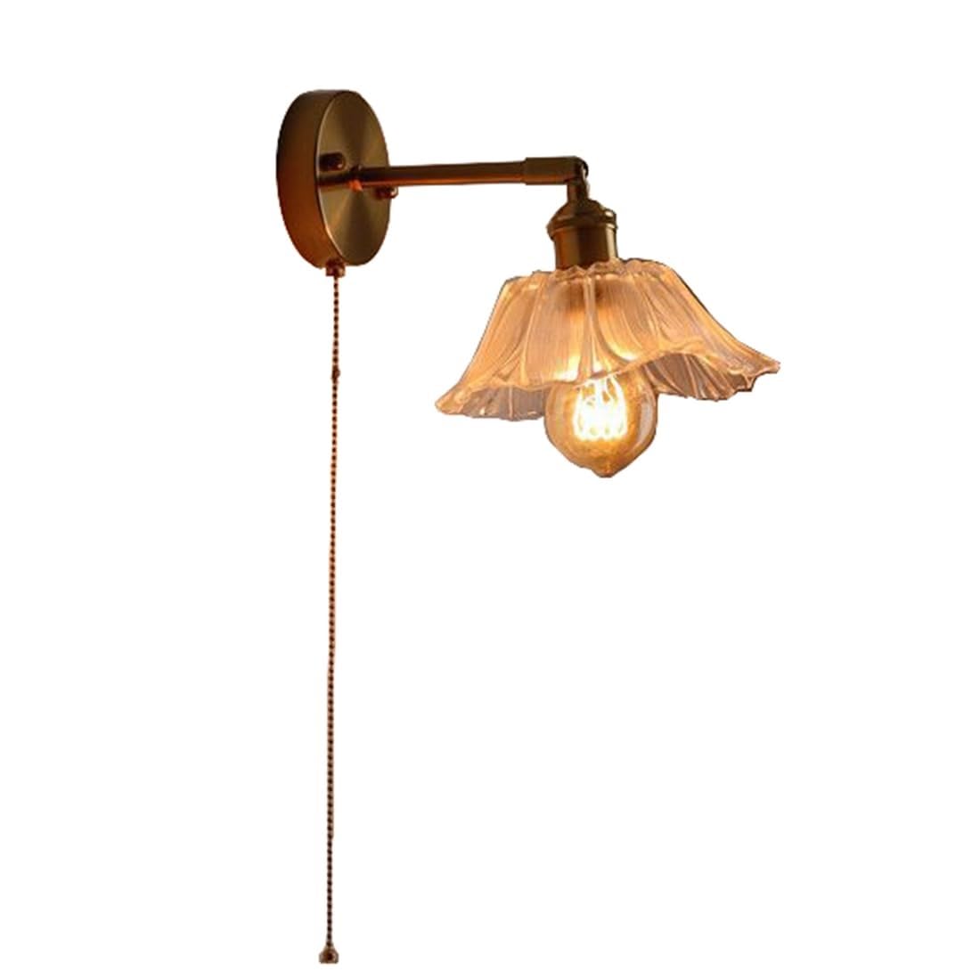 HUAYUSEDF Brass Industrial Wall Sconce with Adjustable Arm Amber Glass Shade and Pull Chain Modern Light Fixture for Bedroom and Living Room Decor (Yellow)(Transparent)
