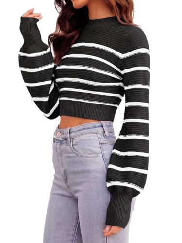 Image of Womens Sexy Crew Neck Cropped Sweaters Knit Long Sleeve Crop Tops Pullover