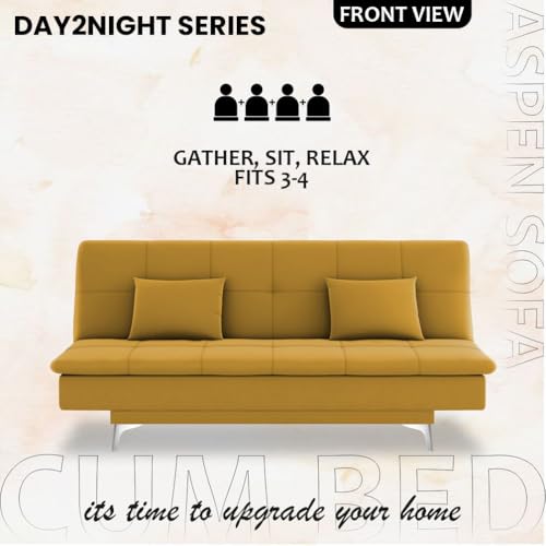 Image of Adorn India Premium New Aspen 3 Seater Sofa Cum Bed 4X6 Velvet Suede with 2 Cushions (Color Yellow) and Suitable for All Indoor, with 3 Years Warranty