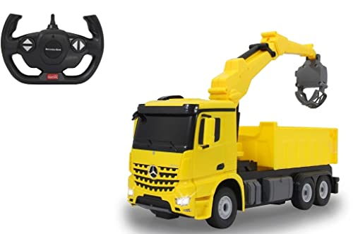 JAMARA 405214 Ladekran Mercedes-Benz Arocs 1:24 2,4GHz B – Kranaufbau drehbar, Kranarm beweglich, Greifgabel öffnen/schließen, Kippmulde auf Knopfdruck hoch/runter, Fahr- und Rückfahrlicht, gelb