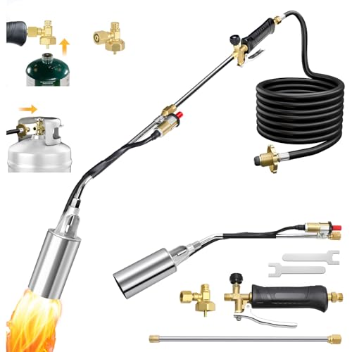 Propane Torch Weed Burner Kit, 2-in-1 Sectional 37.5 Extended No-Bend 1,800,000 BTU Heavy Duty Blow Torch Flamethrower with Auto-Ignition,10FT Hose & Multi-Tank Adapter for Weeding/Snow/Roof Asphalt