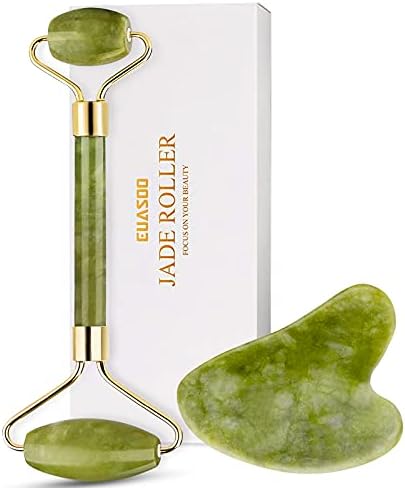 Jade Roller for Face, Jade Roller and Gua Sha Set, EUASOO 100% Real Natural Beauty Jade Facial Roller Massage Tool for Face Eyes Neck Body – Anti Aging Beauty Treatment