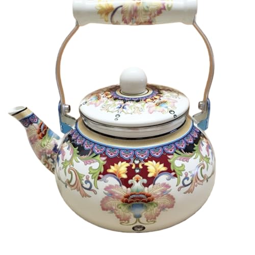 Deronderカラフルな花柄がプリントされた2.5Lのホーローティーポット。大容量、広口、軽量設計。ガスコンロにもIHクッキングヒーターにも最適です。ご家庭でのご使用に最適です。 (珍しい花)