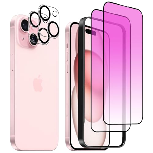 iPhone 15 用 強化ガラスフィルム 6.1インチ ブルーライトカット 全面保護フィルム 目の疲れを軽減 硬度9Ｈ 滑らかなタッチ操作 指紋付着防止 気泡防止 ガイド枠付き 貼り付けは簡単 【強化ガラスフィルム(2枚入り)＋レンズ保護フィルム (2枚入り)】の商品画像（Amazon）