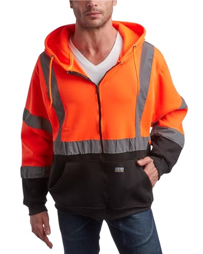 Bass Creek Outfitters Mens Fleece Hoodie - Active Safety Workwear ANSI/ISEA Class 3 High Visibility Hoodie (Sizes M-2XL), Size X-Large, High Vis Orange