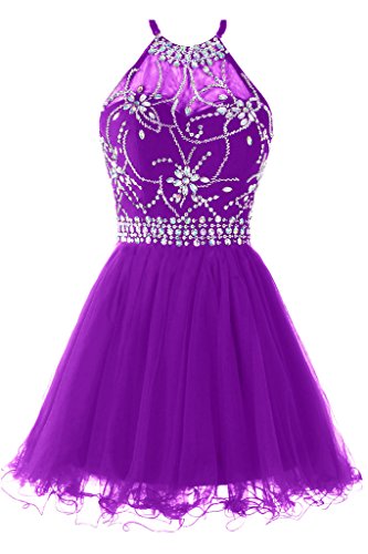 Musever Women's Halter Short Homecoming Dress Beading Tulle Prom Dress Purple US 16