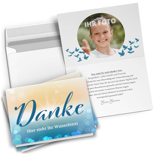 Einladungskarten Manufaktur Hamburg 10 PERSONALISIERTE Dankeskarten mit Text und Foto - Danke Modern Gelb Blau - Dankeskarte Kommunion Konfirmation Taufe Hochzeit kirchlich mit Umschlägen