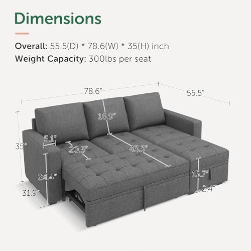 Image of HONBAY Modular Sectional Sleeper Sofa with Pull Out Bed, L Shaped Couch with Storage Seat Sectional Couches for Living Room,Mid Grey