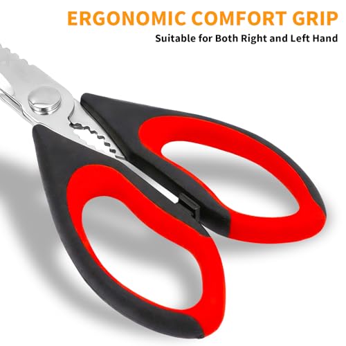 Image of Kitchen Scissors, Heavy Duty Shears with Safety Cover, Soft Grip, for Meat, Poultry, Herbs Cutting, Bottle and Jar Opener (Red & Orange)