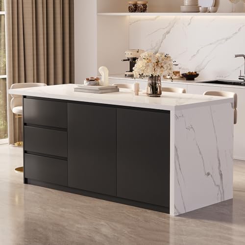 homary 72' Large Kitchen Island with Storage & Wine Compartment,Marble-Veneered Engineered Wood Top, Black & White Kitchen Island Cabinet