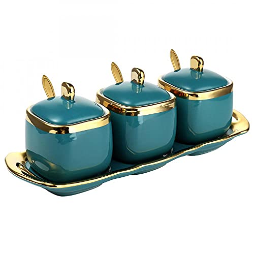 YYW Keramik-Gewürzgläser mit Deckel, Zuckerschalen, Gewürztöpfe, Vorratsdosen und Dosen, Gewürzbox-Set mit Deckel, Löffel und Tablett für die Küche, Aufbewahrungs-Sets von 3 (Grün) Cover