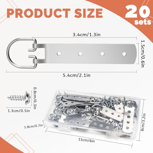 Image of 20 Pack D Ring Picture Hangers with Screws, Heavy Duty 4 Holes Picture Hanging Hardware Picture Hooks for Painting Clock Mirror Photo Artwork Picture Frame with Box