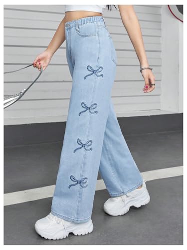WDIRARA Girl's Bow Print Baggy Jeans Elastic High Waisted Straight Leg Denim Pants4