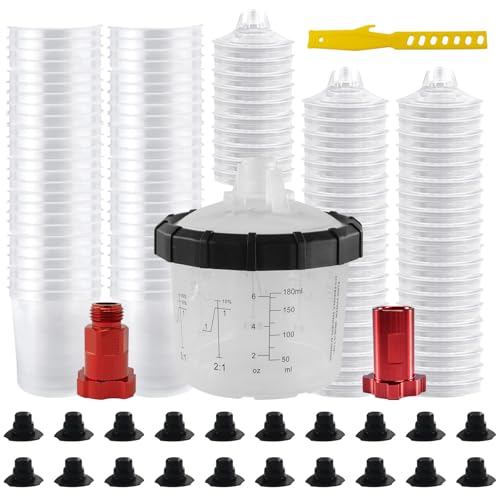 Image of RRJ Disposable Paint Cup Automotive Spray Gun Paint System, for LVLP /HVLP Spray Gun Kit 6.7 Ounce(200ML) Mixing Cups with 50 Liners and Lids, 1 Hard Cup with Retainer Ring, 2 Adapter, Stirrer
