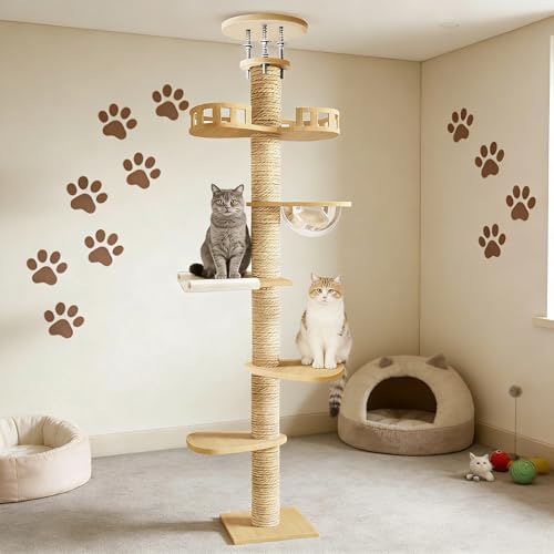 Árbol para gatos de piso a techo, torre de escalada de altura ajustable de 6 niveles con postes rascadores gruesos, centro de actividades para gatos resistente con cápsula espacial y hamaca acogedora