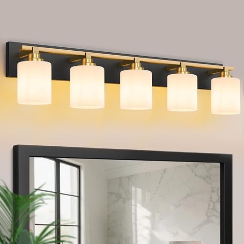 Image of Modern Bathroom Lighting Fixtures Over Mirror, Vanity Lights for Bathroom, Wall Sconces with Milky White Glass Shades, E26 Ceramic Socket, 5-Light 35.4-inch Black and Gold