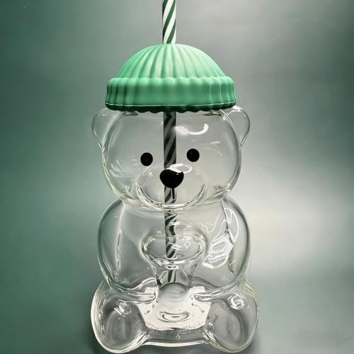 Image of CHONGZFU 2026 New Glass Bear Cup Bear Straw Cup, 20oz Cute Bears Glass Tumbler with Reusable Straw - Cute Animal Mug for Hot and Cold Drinks, Smoothies, Water, Juice, Travel & Gifts 1 Pcs (Green Cup)