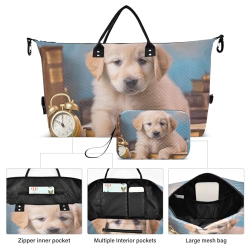 Large Travel Duffel Bag, Puppy Books Clock Blue Sport Tote Gym Bag, Shoulder Weekender Overnight Bag for Women Men, Carry On Luggage with Toiletry Bag2