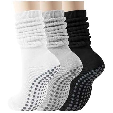 TOAMOUR Pilates Socks with Grips for Women, Non Slip Yoga Slouch Socks, 3 Pairs Long Scrunch Socks, Cushioned Crew Socks Cover