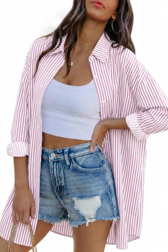 Image of FSHAOES Womens Oversized Button Down Shirts Casual Loose Long Sleeve Solid Lapel Long Blouses Tops with Pockets
