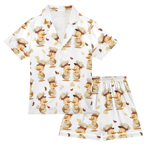 ALAZA Chef Duck Satin Pajamas Set Short Sleeve Button Down Sleepwear Summer Pjs 2 Piece