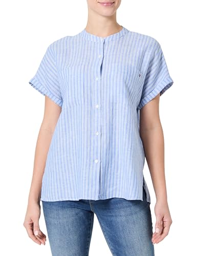 Tommy Hilfiger Donna Blusa Linen Collarless Maniche Corte,...