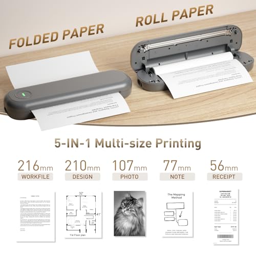 Bisofice L86 Mobiler Drucker Thermodrucker A4 300 DPI, Bluetooth Druker für Handy Android/iOS, USB für Mac/Windows, Tintenloser Drucker für Unterwegs, Büro, Zuhause, mit 3 Thermopapier Rolle