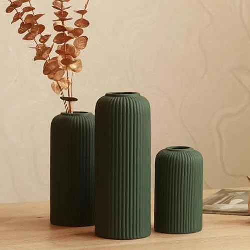 Image of KREATIVE ART'S Modern Ribbed Design Ceramic Flower Vase for Living Room, Flower Pots for Artificial Flower, Home Decoration Item, Home Decor, Vases for Living Room (Dark Green, Large)