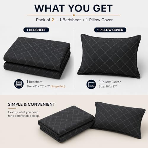 Image of Blue Strip 220TC Glace Cotton Elastic Fitted Bedsheets Single Bed with 1 Pillow Cover | Single Bed with All Around Elastic, Size 42 X 75 Inches (Grey Check), Small Single