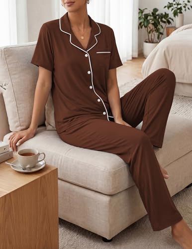 Image of ZMJ Womens Pajamas Sets 2 Piece Button Up Pj Sets Short Sleeve with Long Pant
