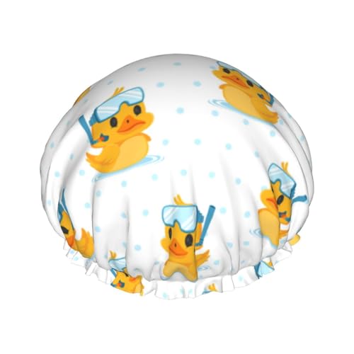 Hair Cap for Shower - Cartoon Cute Duck Diving Goggles Double Layer Shower Cap Reusable Waterproof, Large Shower Cap for Women, Hair Cap for Shower with Peva Lining and Elastic Rope