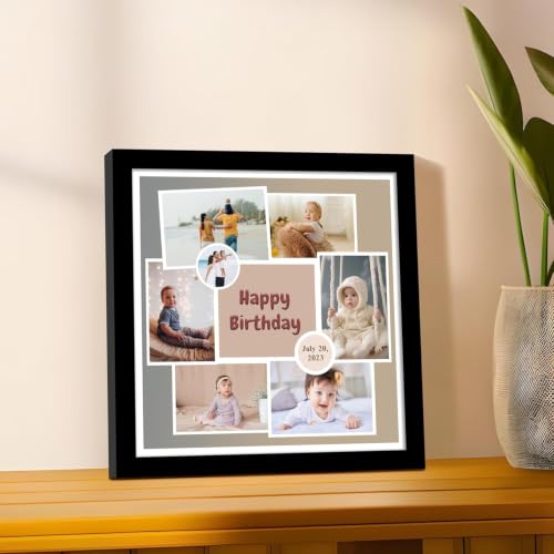Image of Personalized Baby Happy Birthday Wall Photo Print Collage with 7 Photo Upload Customized Photo Frame Gift For Baby, Kids, Sister and Parents (Frame Size 11x11 inch)