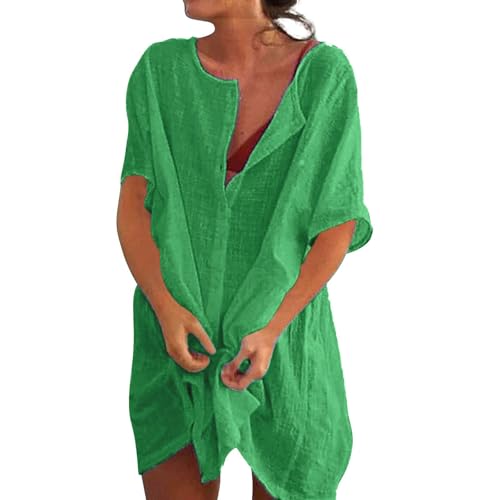 Strandkleid Damen Luftig Strandtunika Sommer Strandkleider Baumwolle Bikini Cover Up Strandponcho Große Größen Rund Ausschnitt Kurzarm Blusenkleid für Urlaub