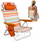 Silla de Playa Plegable - Mochila - Ligera - Aluminio - Reclinable - 22cm Altura de Asiento - 25cm de Reposacabezas - Asas para Transportar Fácilmente - Almohadilla y Bolso Lateral (Ocre Rayada)