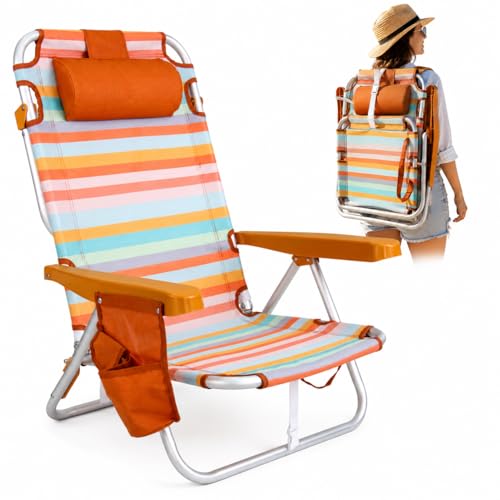 Silla de Playa Plegable - Mochila - Ligera - Aluminio - Reclinable - 22cm Altura de Asiento - 25cm de Reposacabezas - Asas para Transportar Fácilmente - Almohadilla y Bolso Lateral (Ocre Rayada)