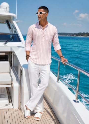 Image of Majestic Man Men's Pure Cotton Striped Mandarin Collar Regular Fit Roll-Up Sleeves Short Kurta