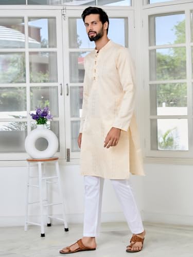 Image of See Designs Men's Full Sleeve Mandarin Collar Floral Embroidered Mandarin Collar Thread Work Straight Long Kurta - Festive Collection