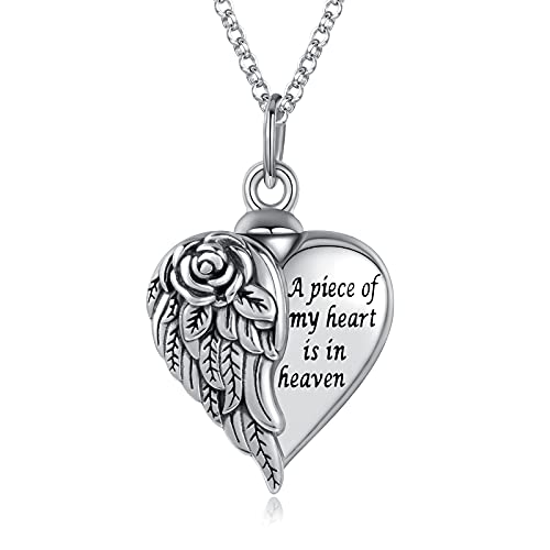 Sterling Silver Angel Wing Heart Urn Pendant Necklace For Ashes - A piece of my heart is in heaven Memorial Keepsake Cremation Jewelry