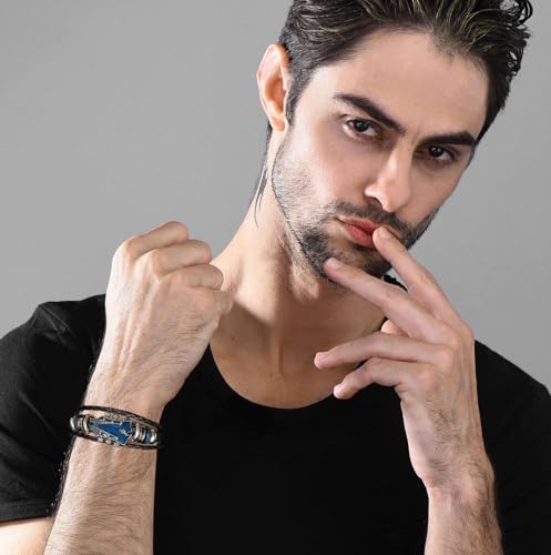 Image of Leather Bracelet for Men, Stylish Music Themed Guitar Bracelet, Adjustable Wristband for Casual Wear, Blue, Music Themed Gifts, 20.5 cm