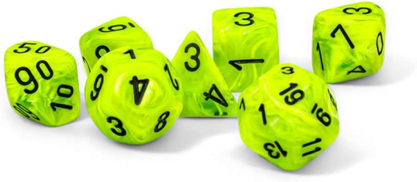 Bright Green Vortex Mega-Hedral Dice with Black Colored Numbers 20mm (25/32in) Set of 7 Chessex