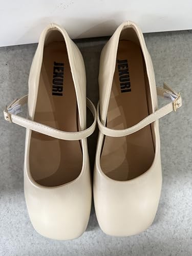 JEXURI Women Mary Jane Flats Comfortable Microfiber Leather Buckle Straps Low Heel Square Toe Work Flats Casual Shoes Beige3