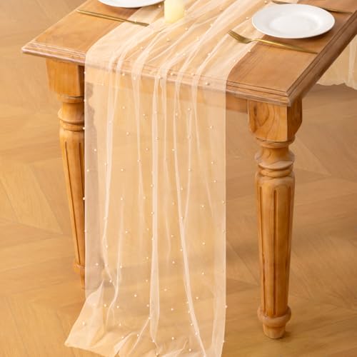 Image of MLMC Champagne Pearl Table Runner Boho Rustic Tulle Table Runner with Pearls 10ft 29 inchx120 inch Cheesecloth Table Decor for Wedding Bridal Shower Anniversary Home Decoration