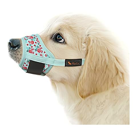 HEELE Hund Maulkorb, Maulkörb für Hunde, Weiche Nylon Drucken Maulkorb Air Mesh Atmungsaktiv Einstellbar Schleife Muster Haustiere Maulkörbe für Kleine Mittlere Große Hunde, Cyan Blume, XS Cover