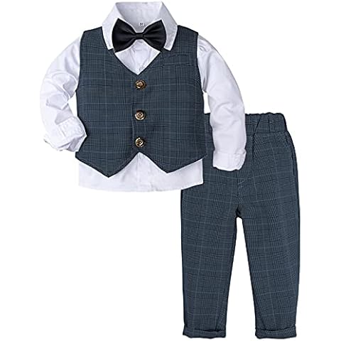 mintgreen Baby Boys Wedding Suits, 3pcs Kids Plaid Outfit Party Gentleman Clothes Set Long Sleeves Shirt + Waistcoat + Trousers + Bow Tie, Navy, 2-3 Years, 100 Cover