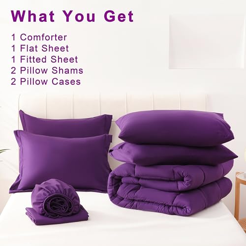 DOWNCOOL Queen Comforter Set, 7Pcs Bedding Sets Queen Dark Purple, All Season Down Alternative Bed in a Bag Queen with Comforter, Flat Sheet, Fitted Sheet, 2 Pillow Shams & 2 Pillowcases