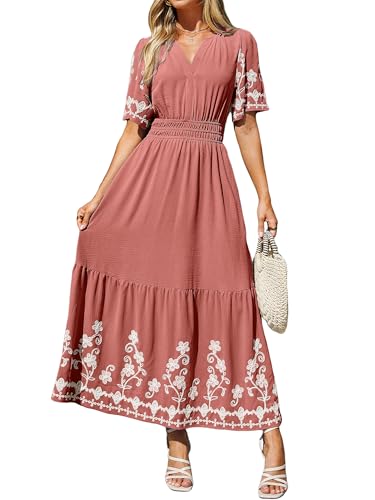 Simplee Women Summer Maxi Dress Formal Short Sleeve Embroidery Floral Boho Wedding Guest Tea Party V Neck Dresses 2026(Medium,Rose Red)