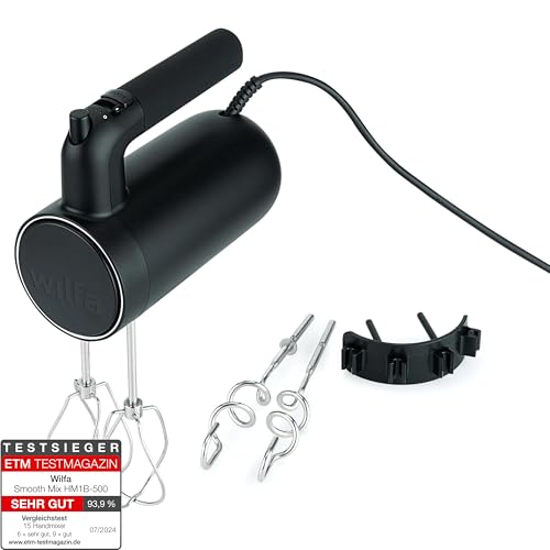 Wilfa Handmixer Smooth Mix 500 I 500 W I 5 Geschwindigkeiten I Boost-Funktion & Auswurf-Funktion I inkl. Schneebesen + Knethaken I 1,4m langes Kabel I bis zu 1,5kg Teig I Zubehör-Halterung (schwarz)