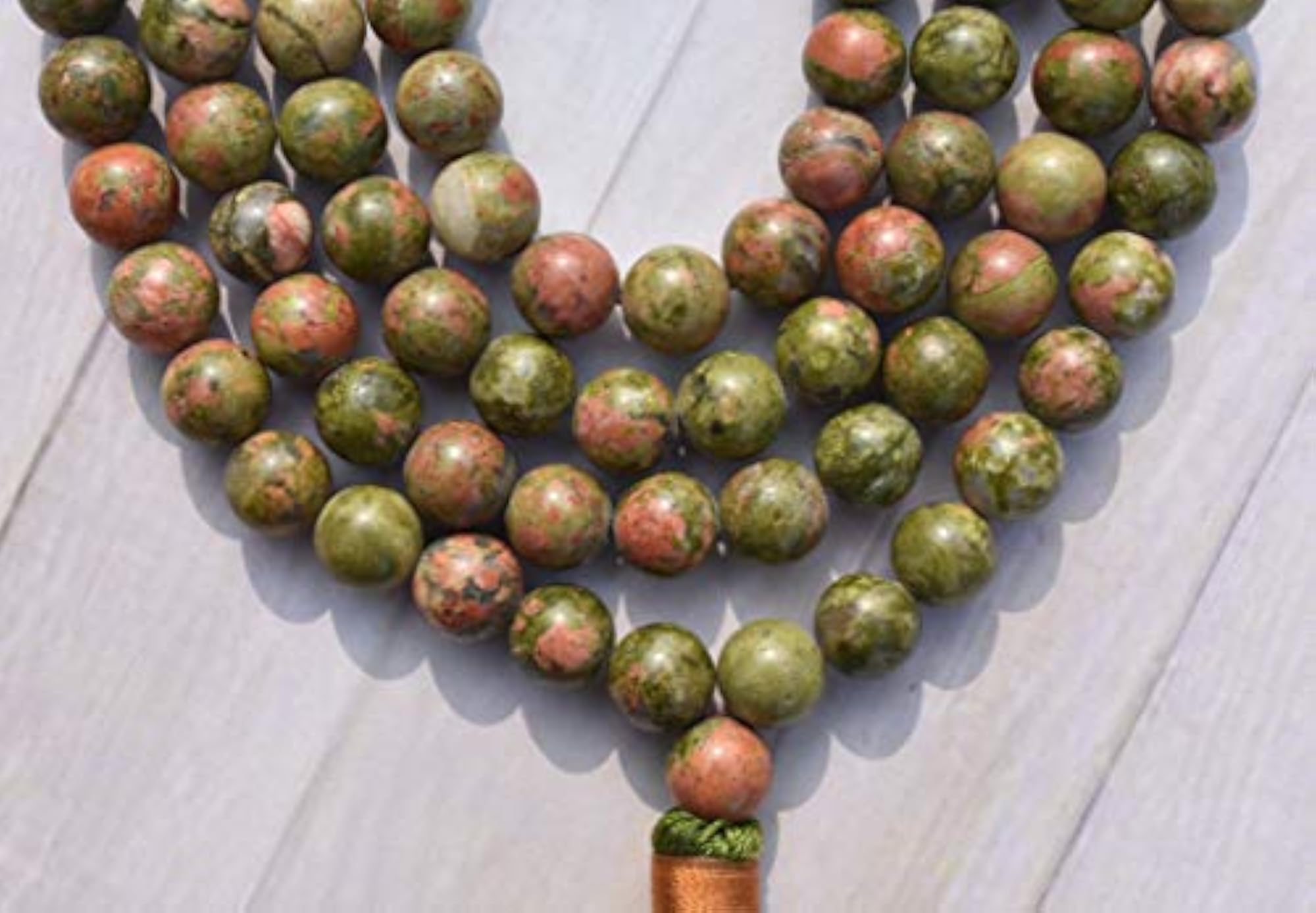 Natural Unakite Healing Crystal Mala, 34 Inch, 108 Beads