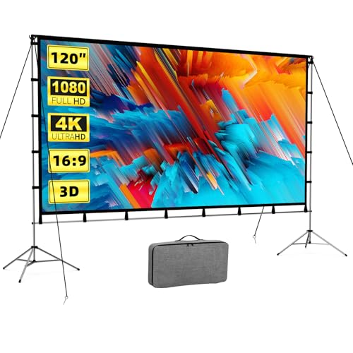 Image of Video Projector Screen with Stand, 120 Inch, Portable Outdoor Movie Screen 16:9 4K HD, Anti-Wrinkle Polyester Fabric, Aluminum Alloy Stand with Carrying Bag for Home Theater Backyard Camping